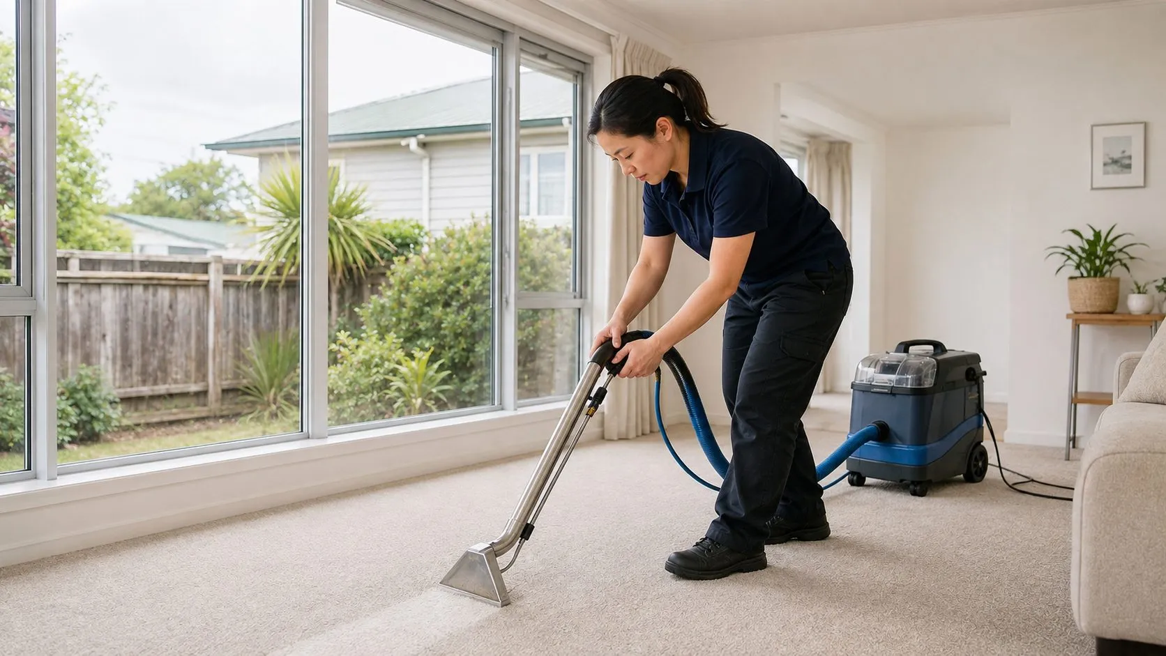 One cleaner using carpet extraction equipment in an Auckland rental home
