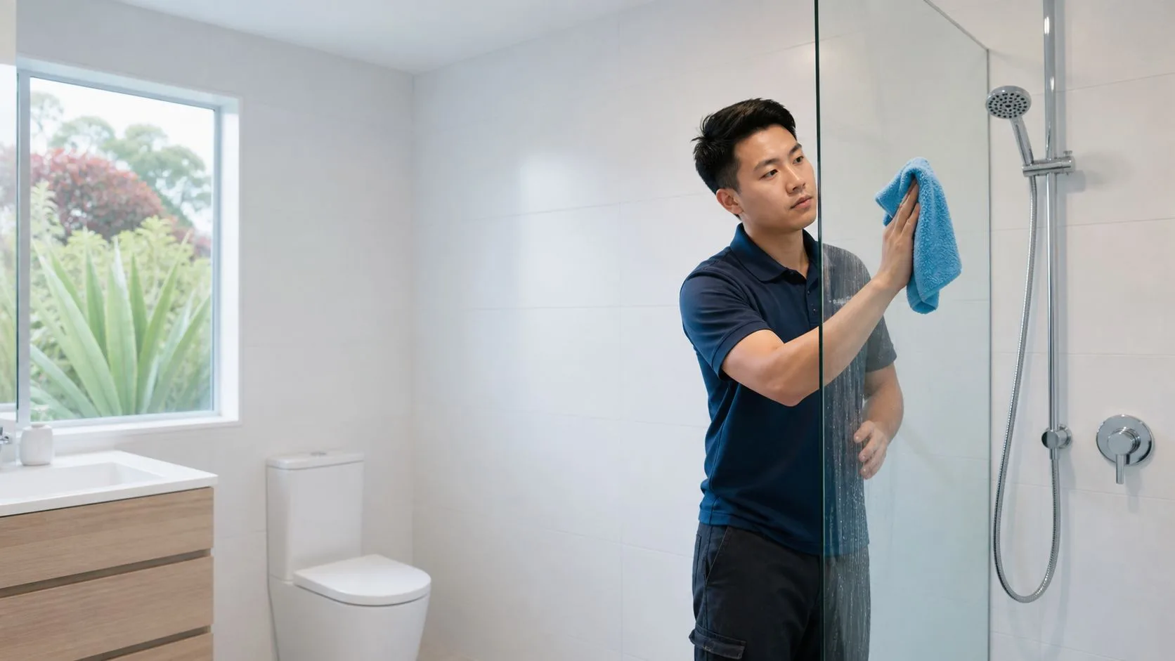 一名亚裔清洁人员在奥克兰住宅浴室擦拭淋浴玻璃