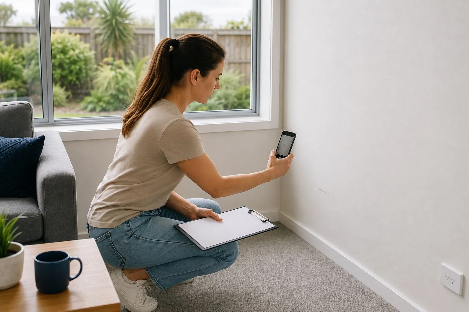 Tenant recording a wall mark in an Auckland rental before the final inspection