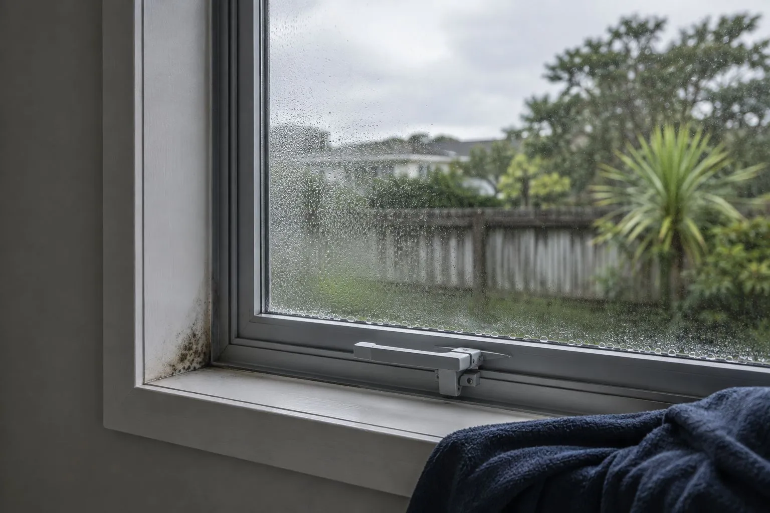 Condensation and a small surface mould patch around an aluminium window in a New Zealand rental